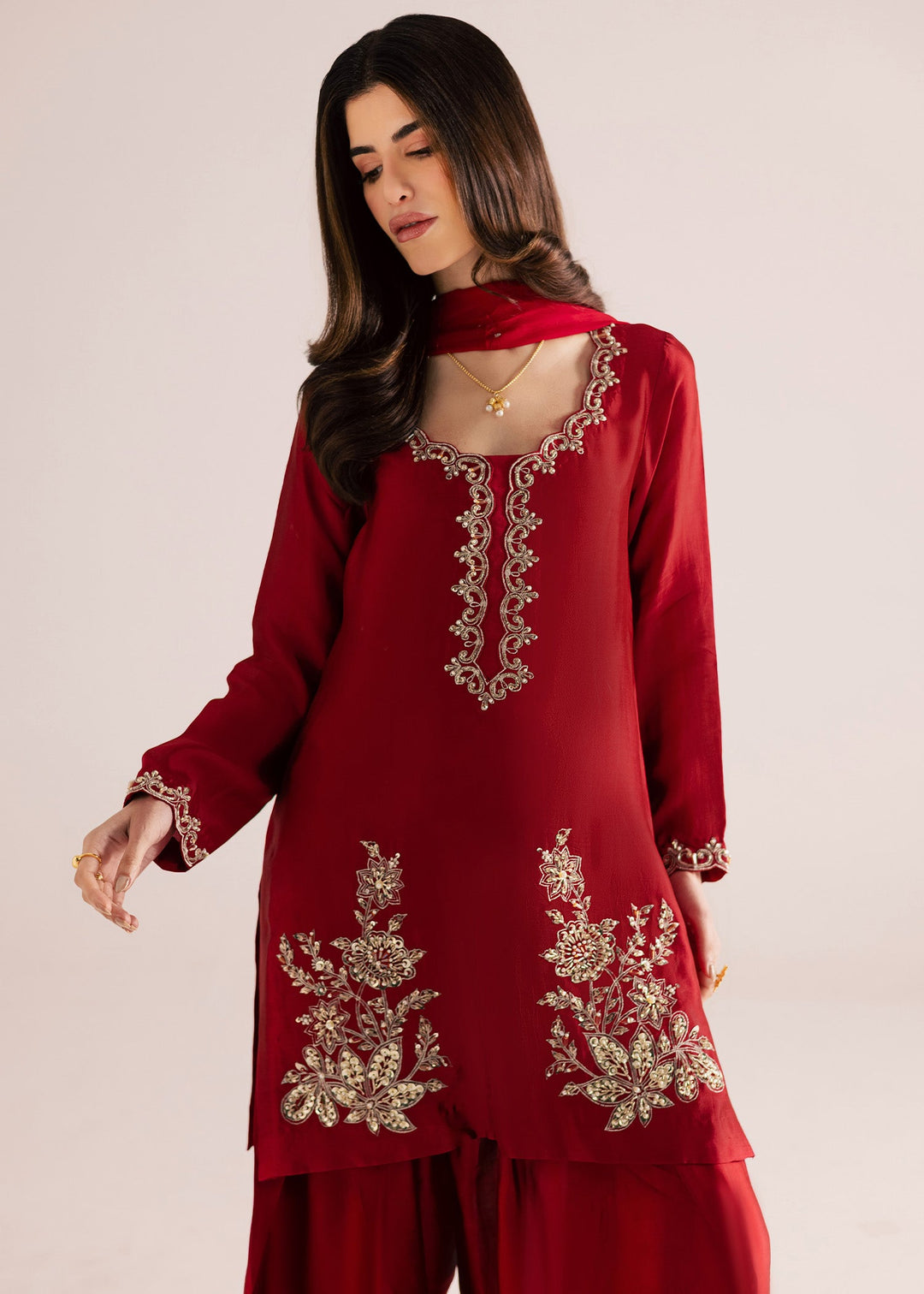 Allure By Ih - Rose Wood Tussel Silk Suit For Women - Bright Red - 3 Piece