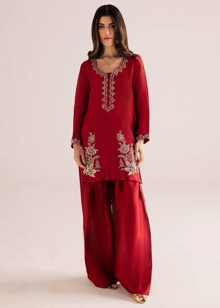Allure By Ih - Rose Wood Tussel Silk Suit For Women - Bright Red - 3 Piece