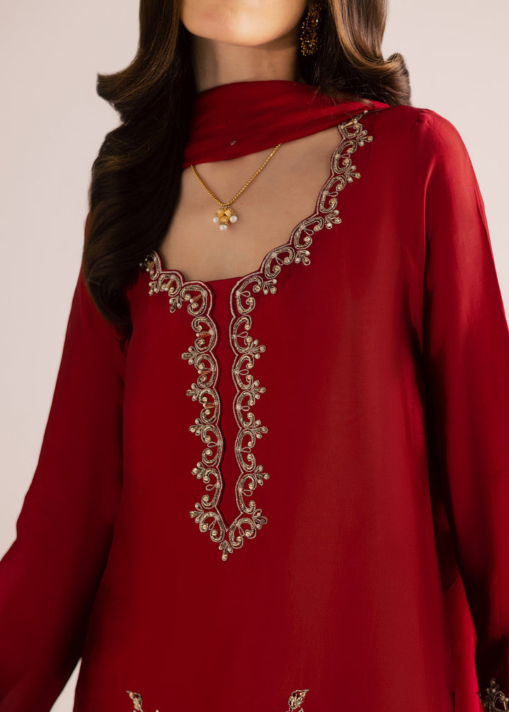Allure By Ih - Rose Wood Tussel Silk Suit For Women - Bright Red - 3 Piece