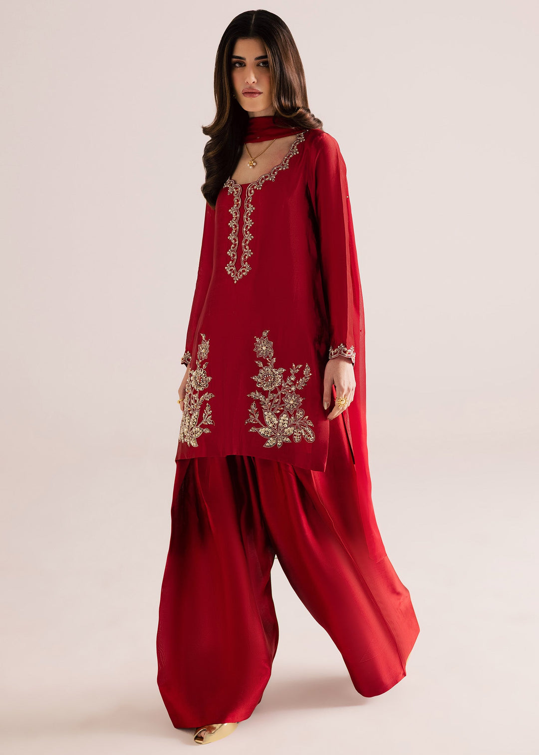 Allure By Ih - Rose Wood Tussel Silk Suit For Women - Bright Red - 3 Piece