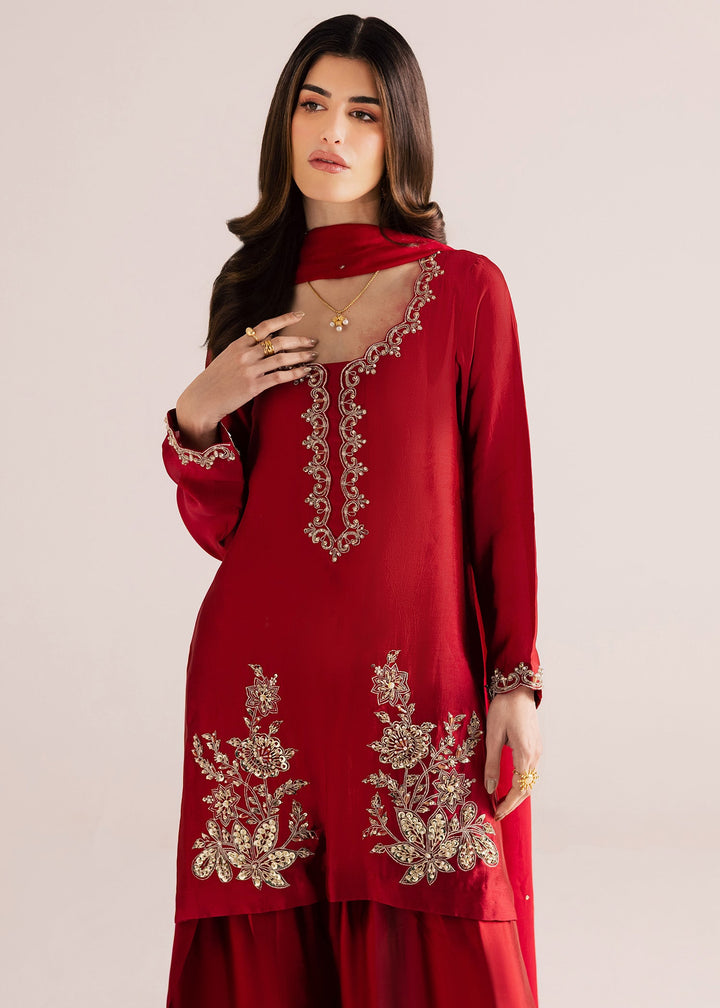 Allure By Ih - Rose Wood Tussel Silk Suit For Women - Bright Red - 3 Piece