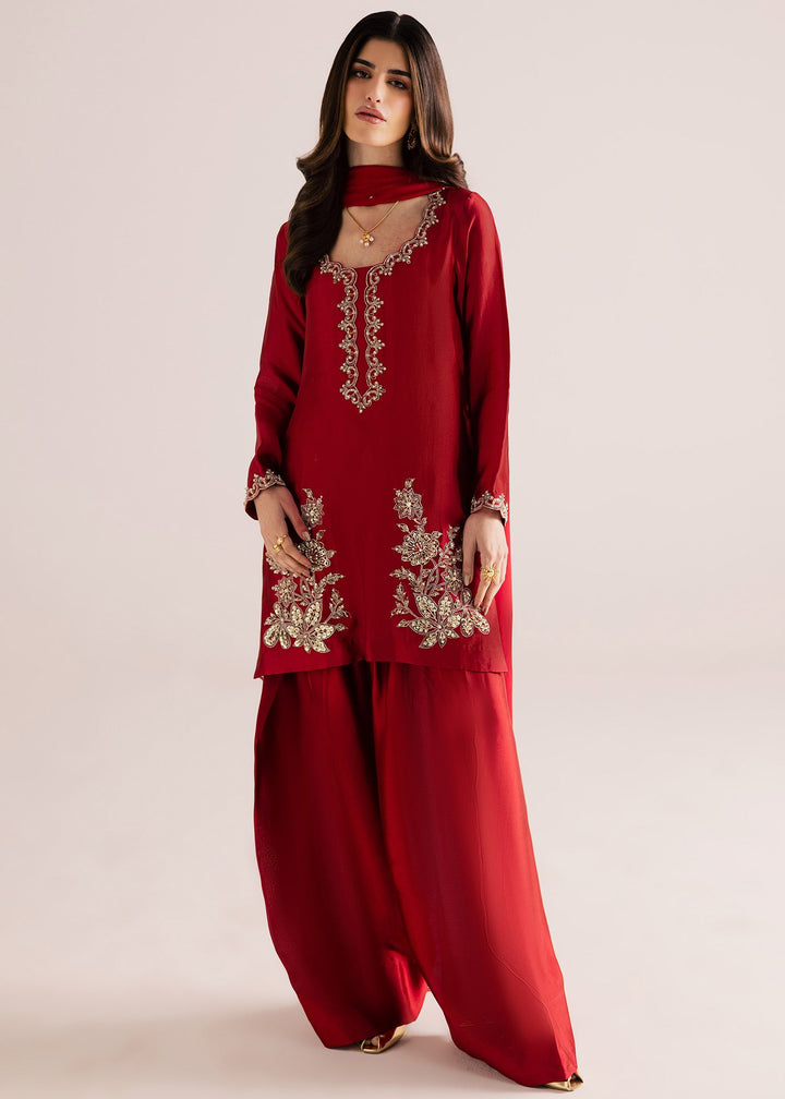 Allure By Ih - Rose Wood Tussel Silk Suit For Women - Bright Red - 3 Piece