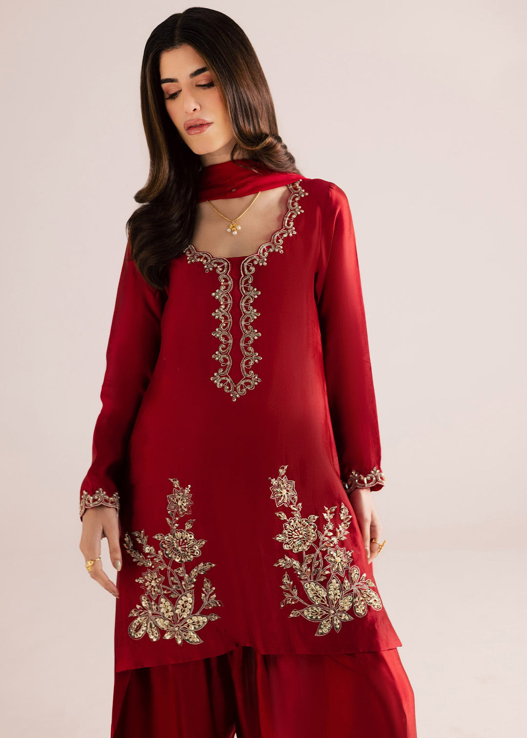 Allure By Ih - Rose Wood Tussel Silk Suit For Women - Bright Red - 3 Piece