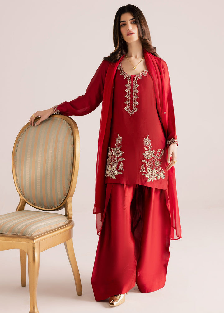 Allure By Ih - Rose Wood Tussel Silk Suit For Women - Bright Red - 3 Piece