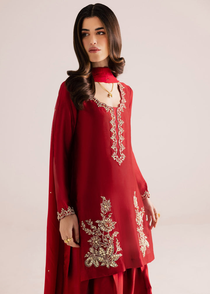 Allure By Ih - Rose Wood Tussel Silk Suit For Women - Bright Red - 3 Piece