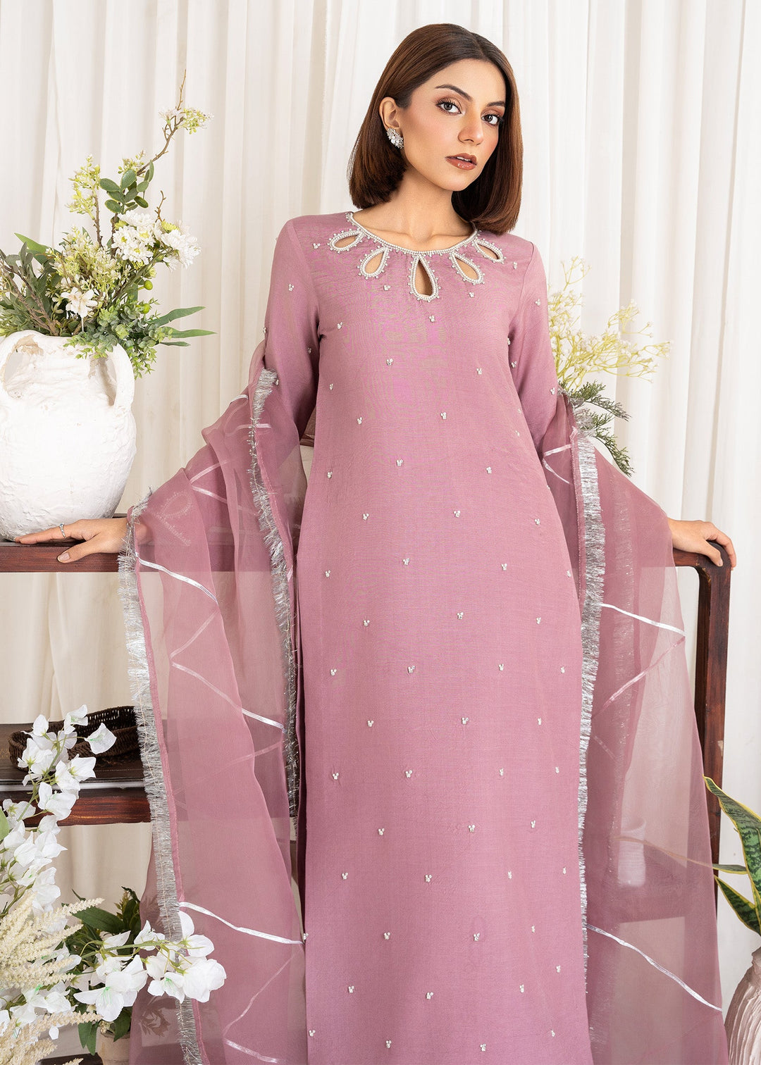 Allure by IH - AIDA Katan Silk Suit For Women - Mauve - 3 Piece
