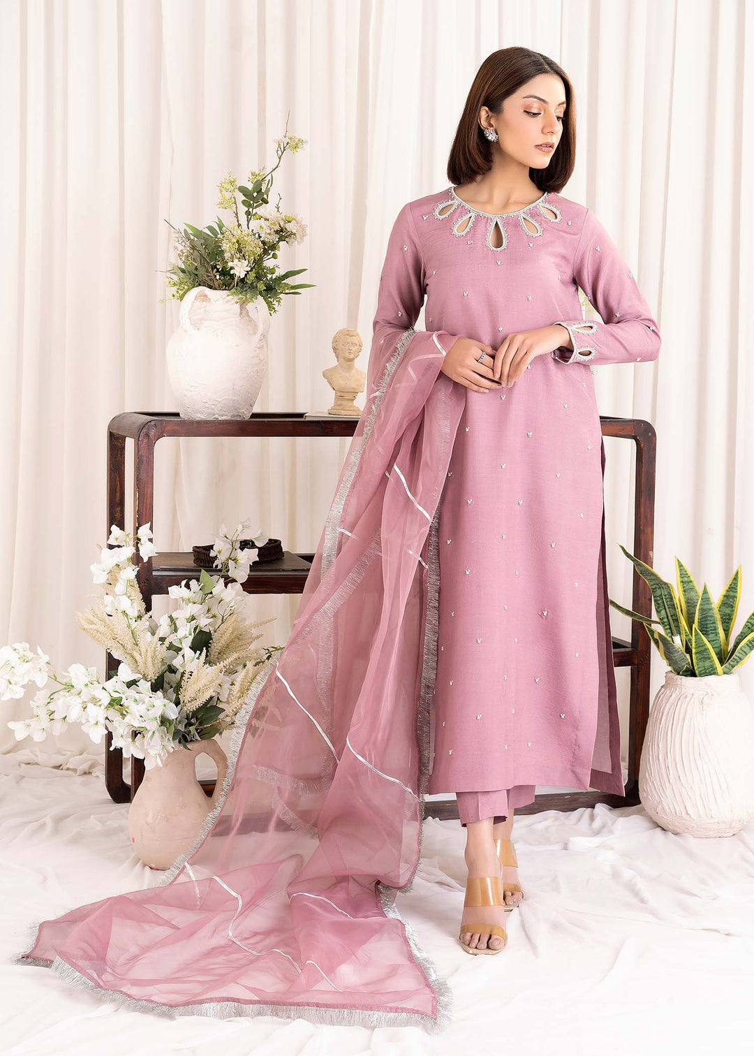 Allure by IH - AIDA Katan Silk Suit For Women - Mauve - 3 Piece