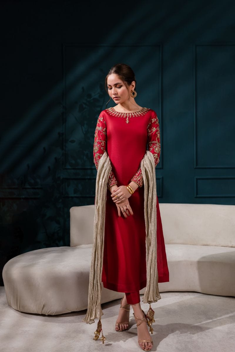 Allure by IH - EMMA Katan Silk Suit For Women - MAROON - 3 Piece