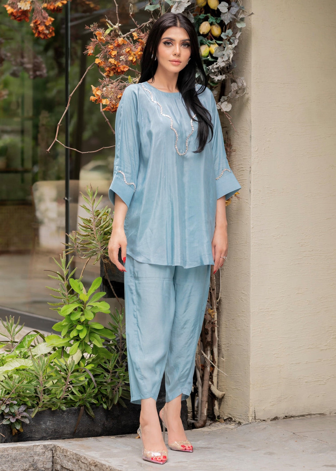 Allure by Ih - CHLOE Thai Silk Suit For Women - Sky Blue - 2 Piece