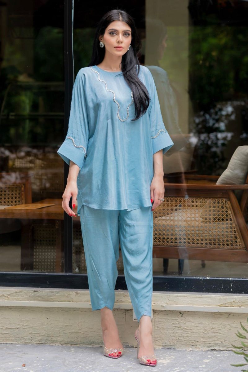 Allure by Ih - CHLOE Thai Silk Suit For Women - Sky Blue - 2 Piece