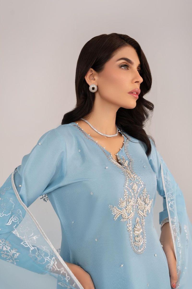 Allure by Ih - DAWN Silk Suit For Women - Powder Blue - 3 Piece