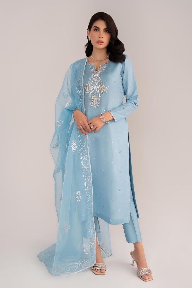 Allure by Ih - DAWN Silk Suit For Women - Powder Blue - 3 Piece