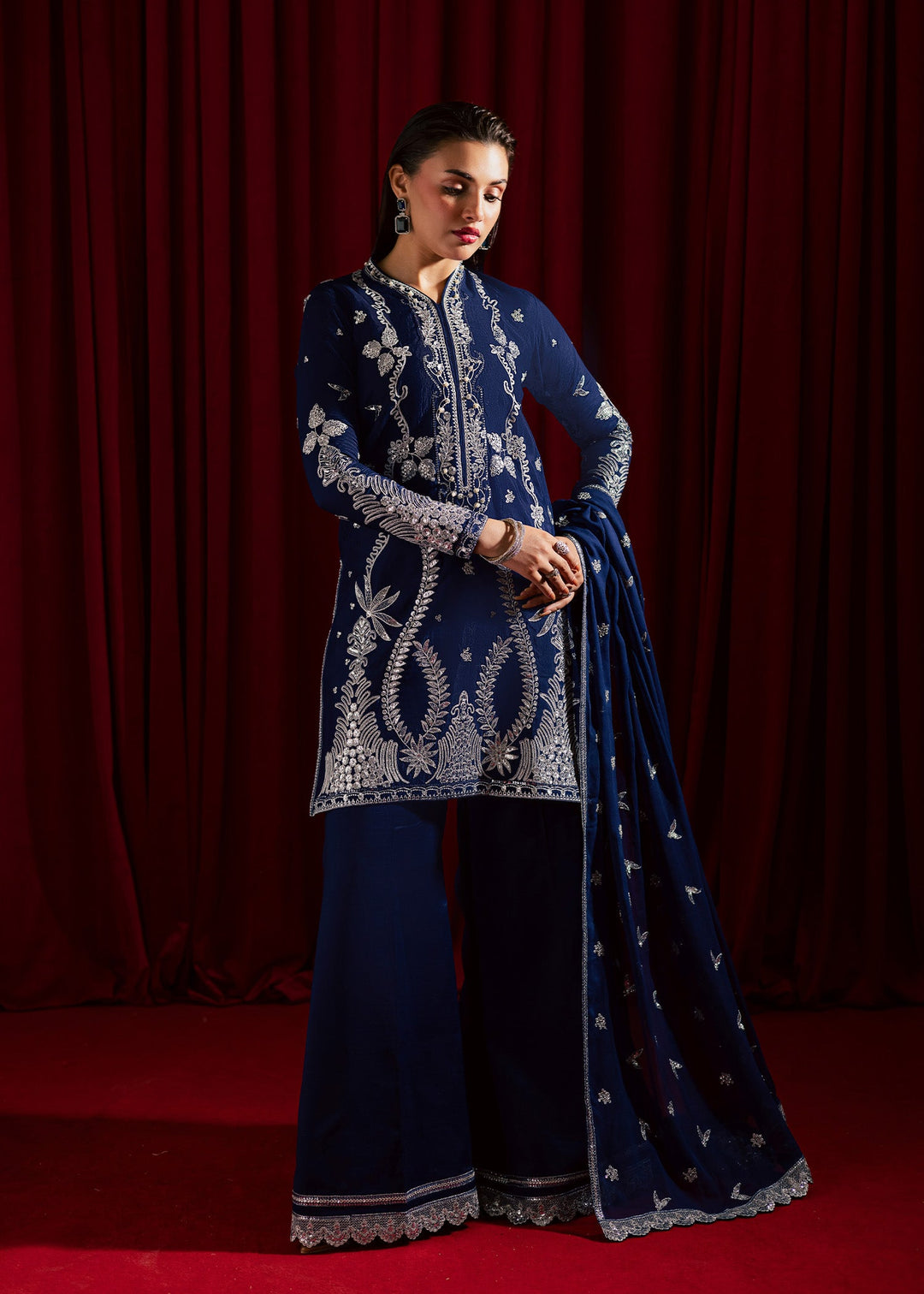 Allure by Ih - GUL Raw Silk Suit For Women - Navy Blue - 3 Piece