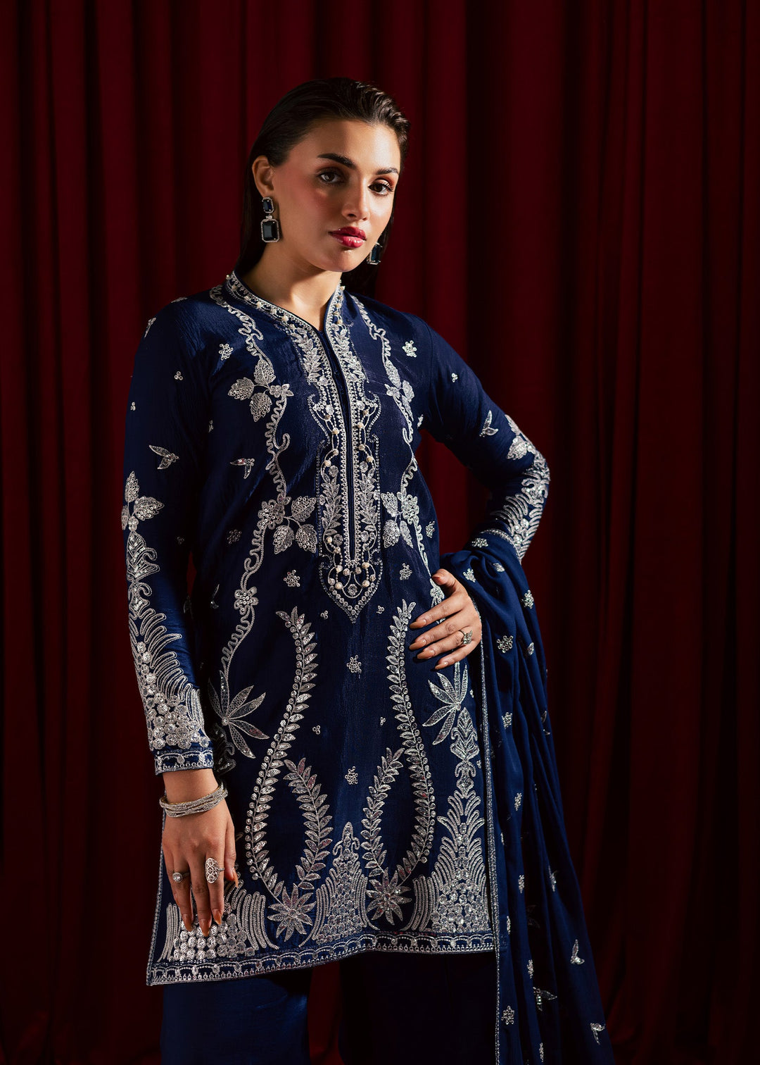 Allure by Ih - GUL Raw Silk Suit For Women - Navy Blue - 3 Piece