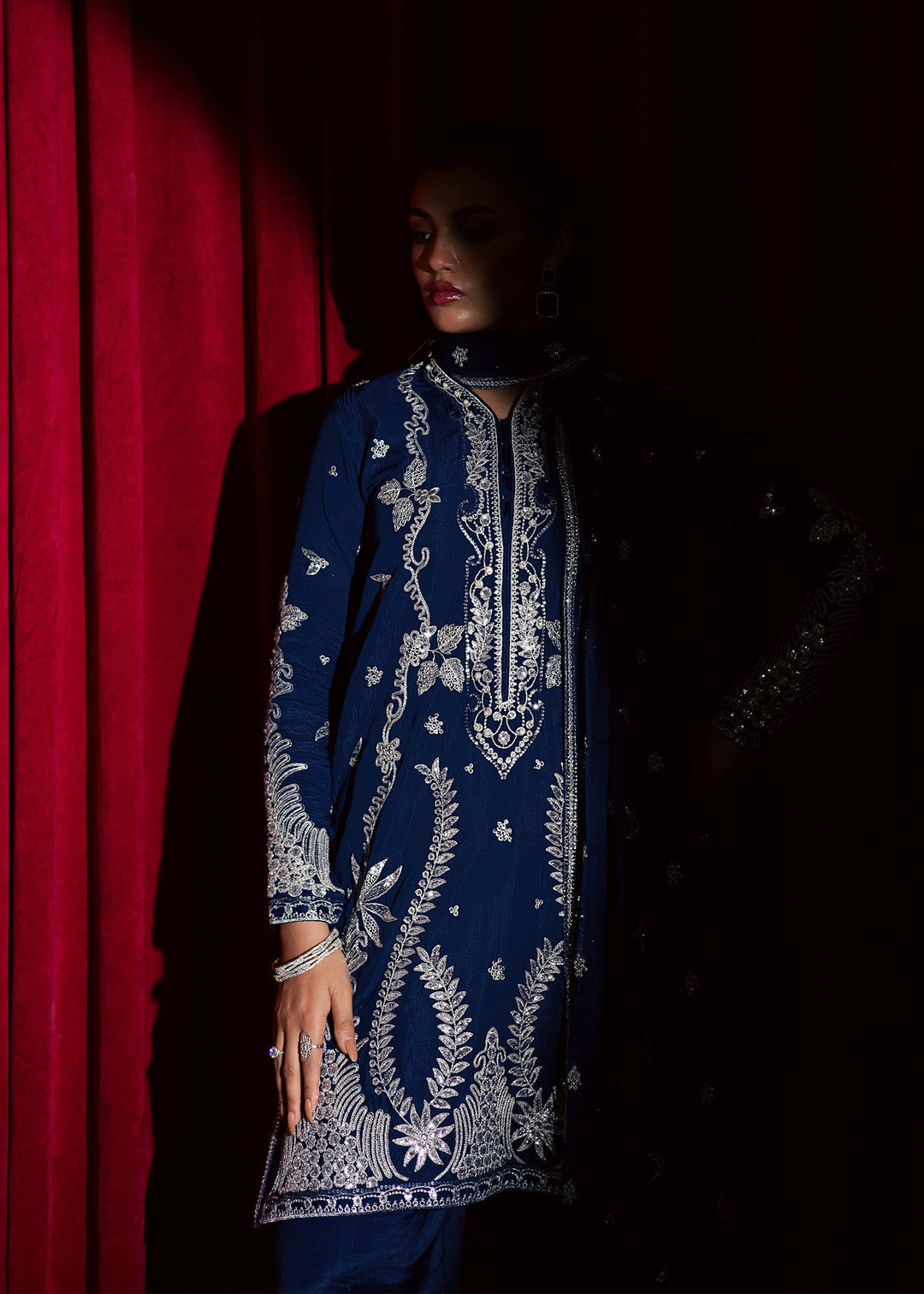Allure by Ih - GUL Raw Silk Suit For Women - Navy Blue - 3 Piece