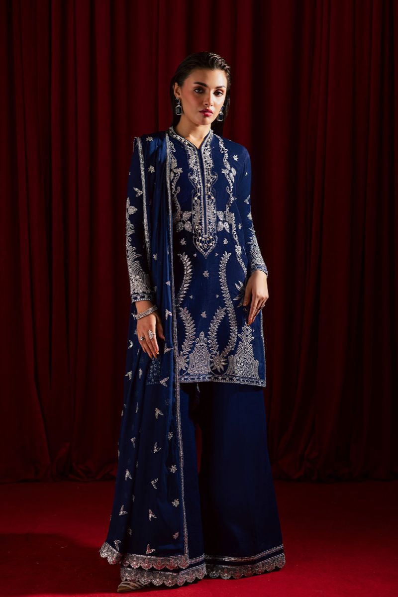 Allure by Ih - GUL Raw Silk Suit For Women - Navy Blue - 3 Piece