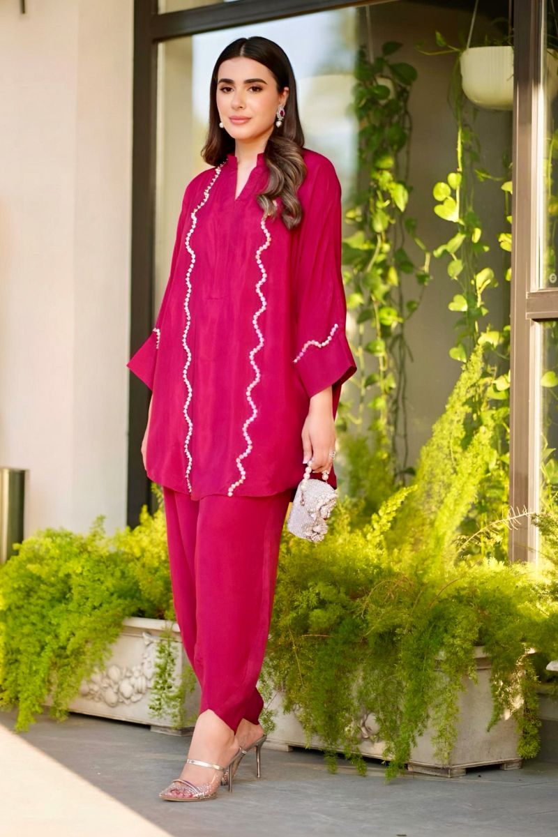 Allure by Ih - MACY Thai Silk Suit For Women - Cherry - 2 Piece