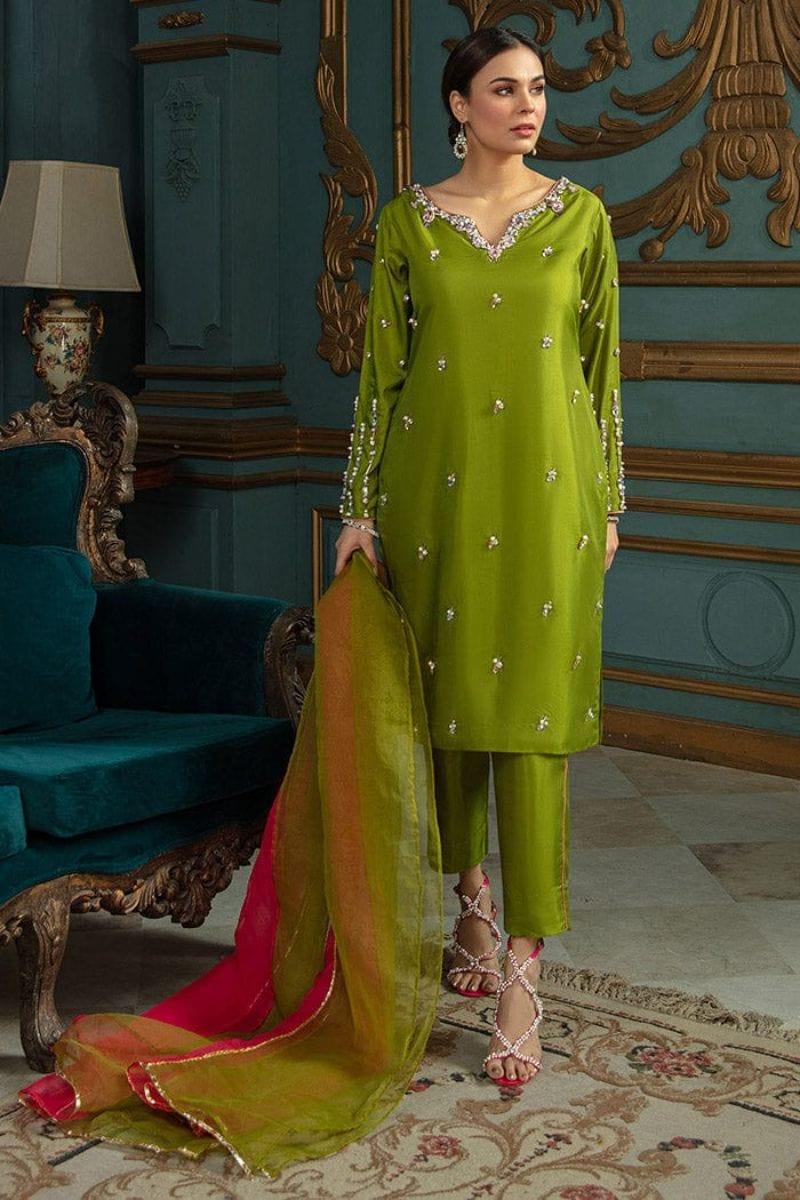 Allure by Ih - MOSS Katan Silk Suit For Women - Green - 3 Piece