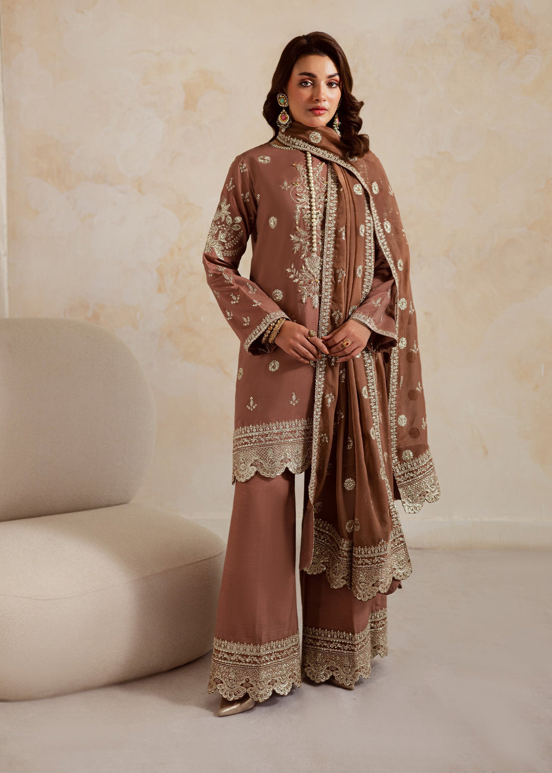 Allure by Ih - NAGHMA Raw Silk Suit For Women - Brown - 3 Piece