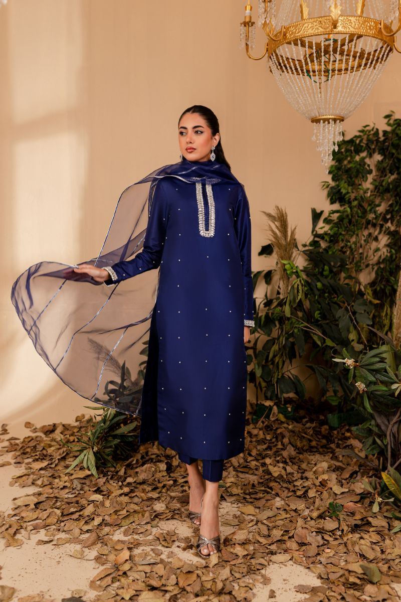 Allure by Ih - NAZ Katan Silk Suit For Women - MIDNIIGHT BLUE  - 3 Piece