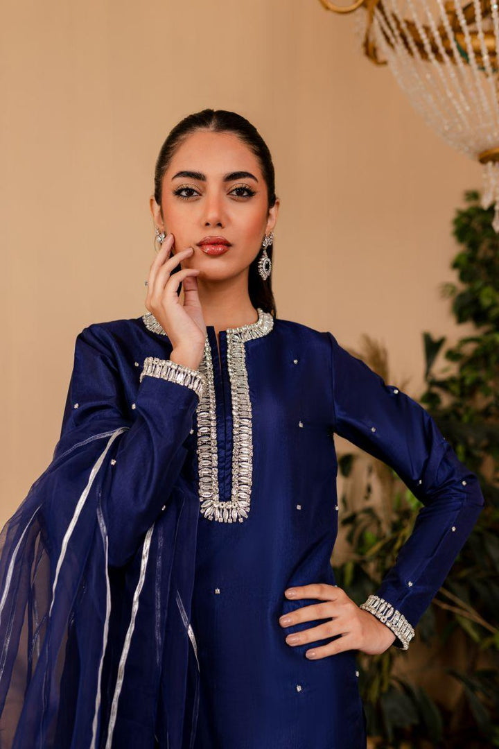 Allure by Ih - NAZ Katan Silk Suit For Women - MIDNIIGHT BLUE  - 3 Piece