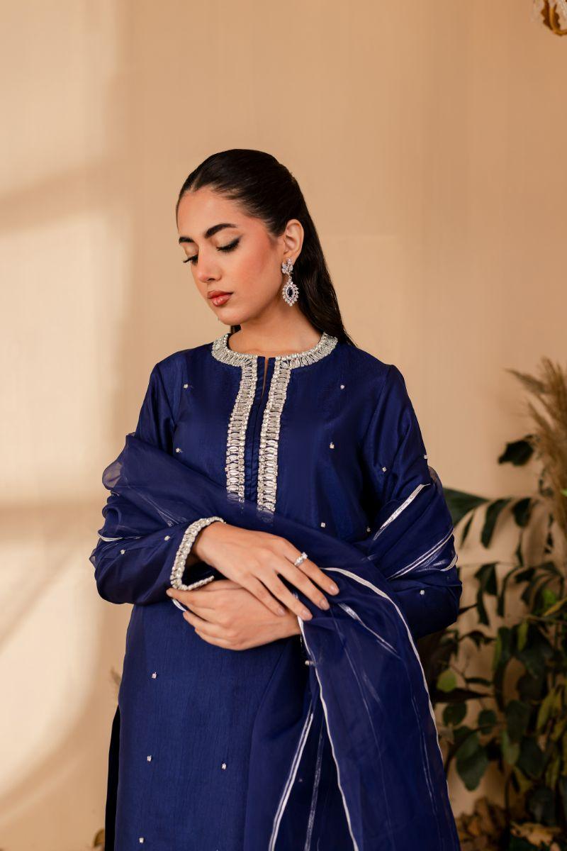 Allure by Ih - NAZ Katan Silk Suit For Women - MIDNIIGHT BLUE  - 3 Piece