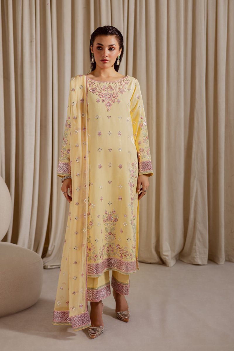 Allure by Ih - NIGHAR Raw Silk Suit For Women - Lemon Yellow - 3 Piece