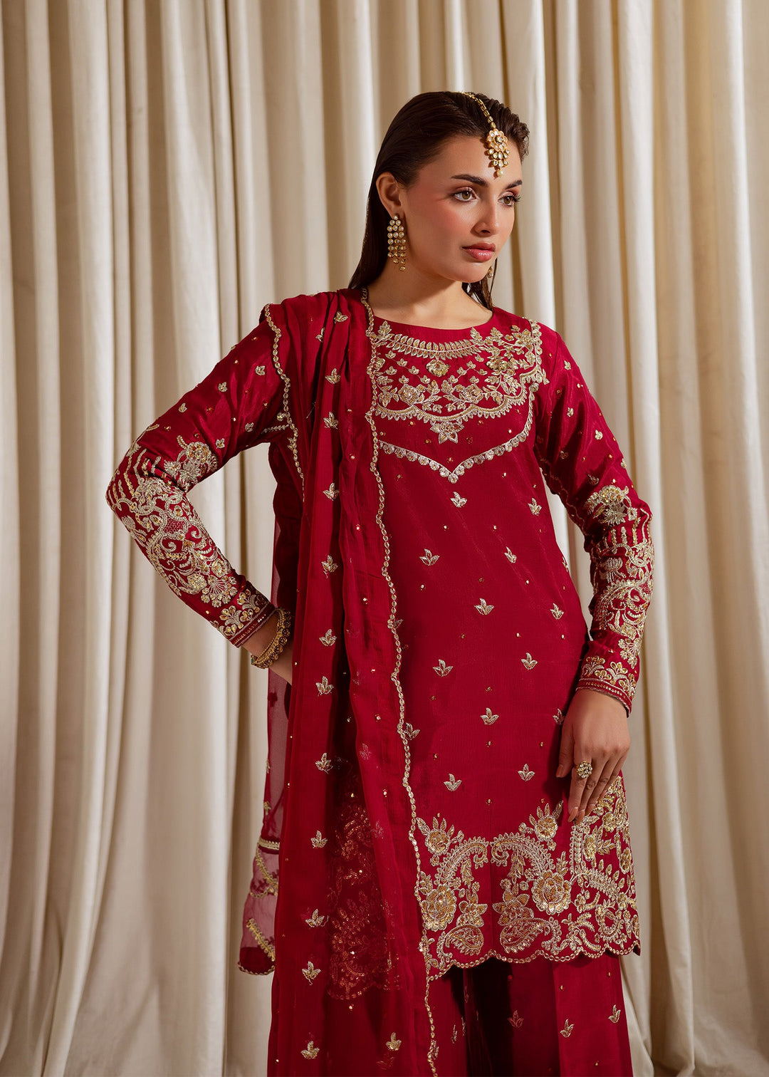 Allure by Ih - NILOFER Raw Silk Suit For Women - Red - 3 Piece