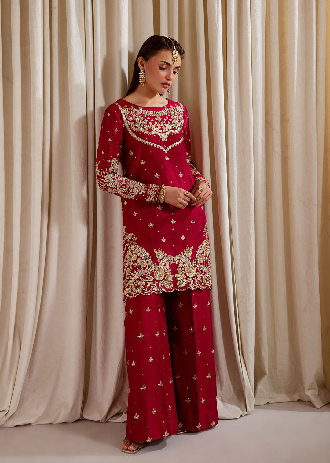 Allure by Ih - NILOFER Raw Silk Suit For Women - Red - 3 Piece