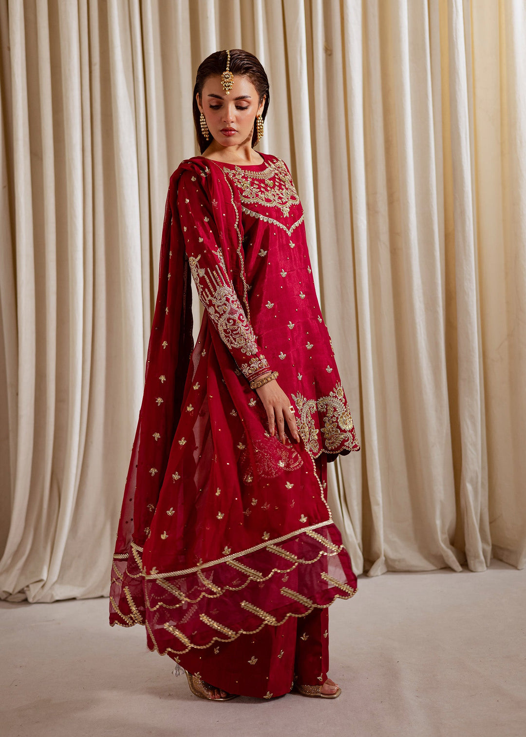 Allure by Ih - NILOFER Raw Silk Suit For Women - Red - 3 Piece