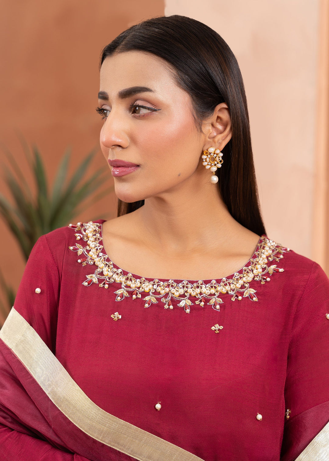 Allure by Ih - SUZAN Thai Silk Suit For Women - Maroon - 3 Piece