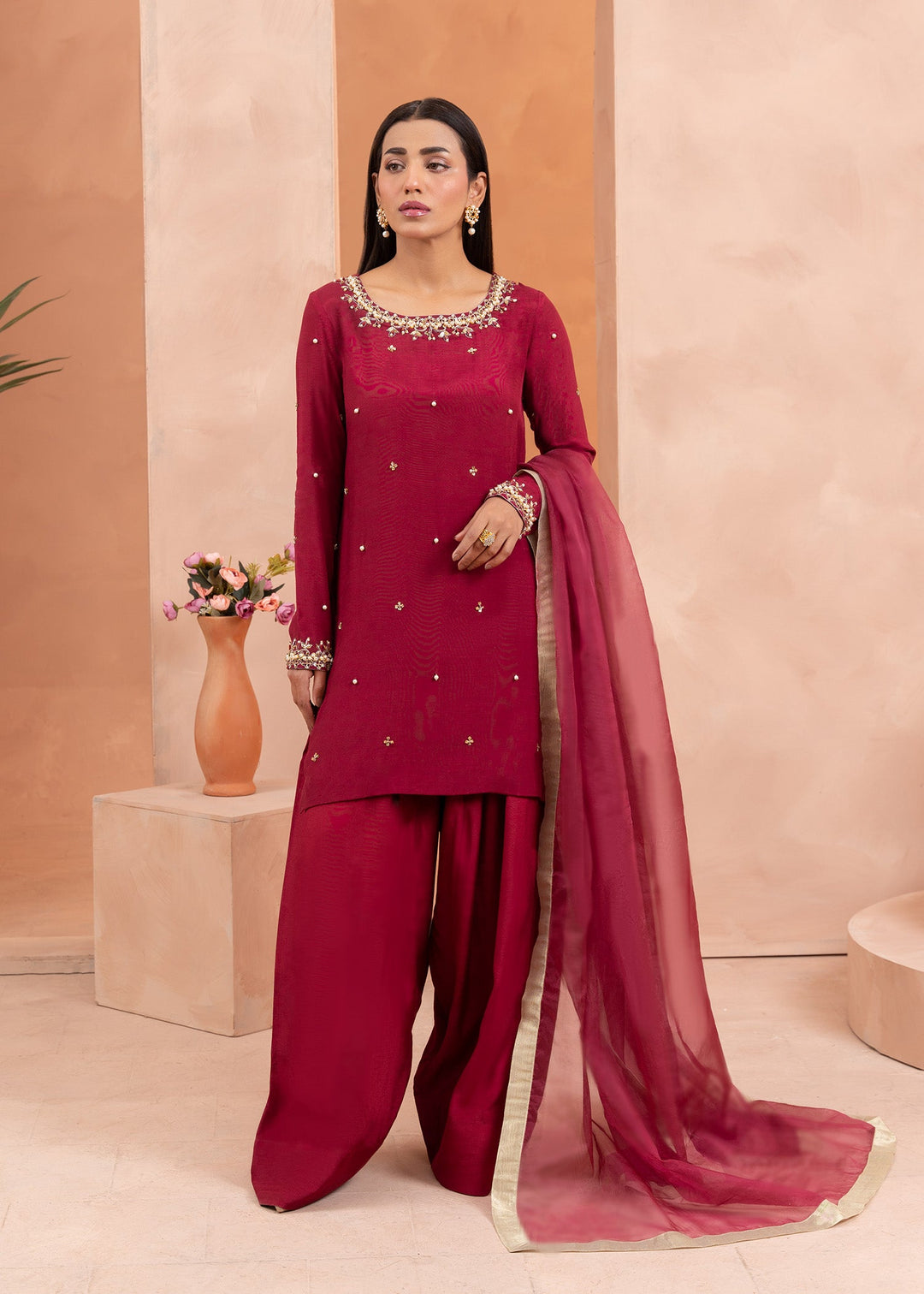 Allure by Ih - SUZAN Thai Silk Suit For Women - Maroon - 3 Piece