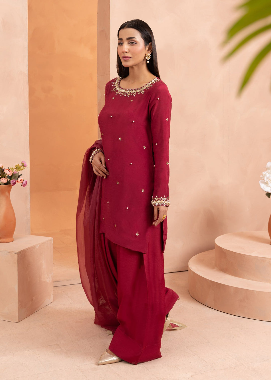 Allure by Ih - SUZAN Thai Silk Suit For Women - Maroon - 3 Piece
