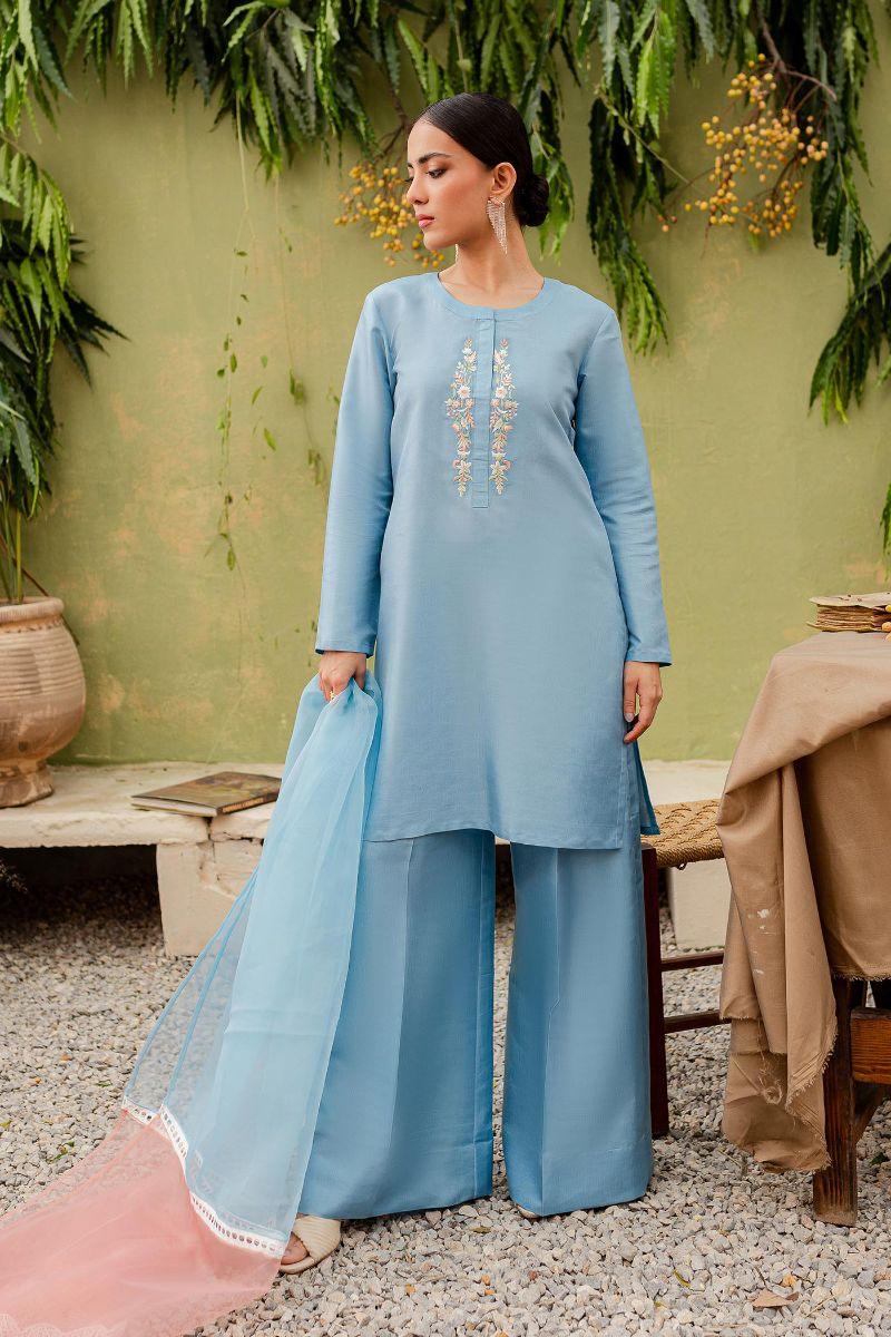 Allure by Ih - ZORA Silk Suit For Women - Sky Blue - 3 Piece
