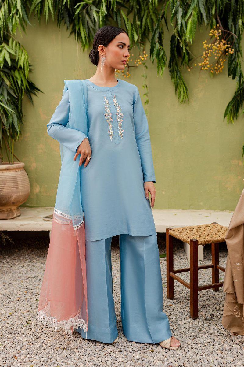 Allure by Ih - ZORA Silk Suit For Women - Sky Blue - 3 Piece