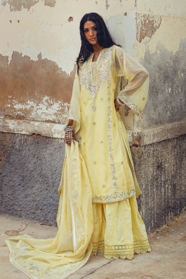 Sanam Chaudhri - Alwaan Cotton Net Suit For Women - Light Lemon - 3 Piece