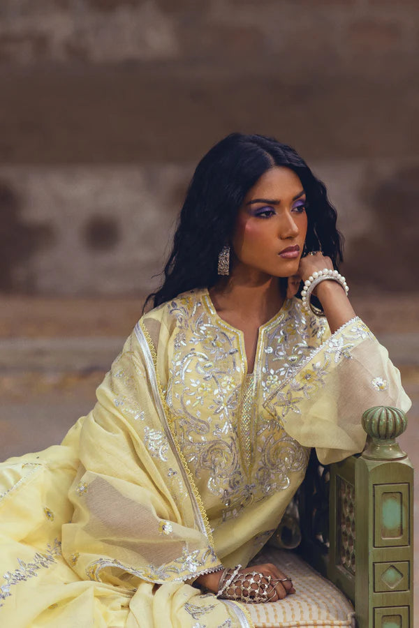 Sanam Chaudhri - Alwaan Cotton Net Suit For Women - Light Lemon - 3 Piece