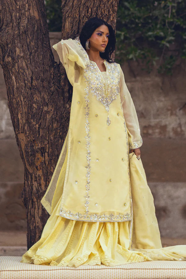 Sanam Chaudhri - Alwaan Cotton Net Suit For Women - Light Lemon - 3 Piece