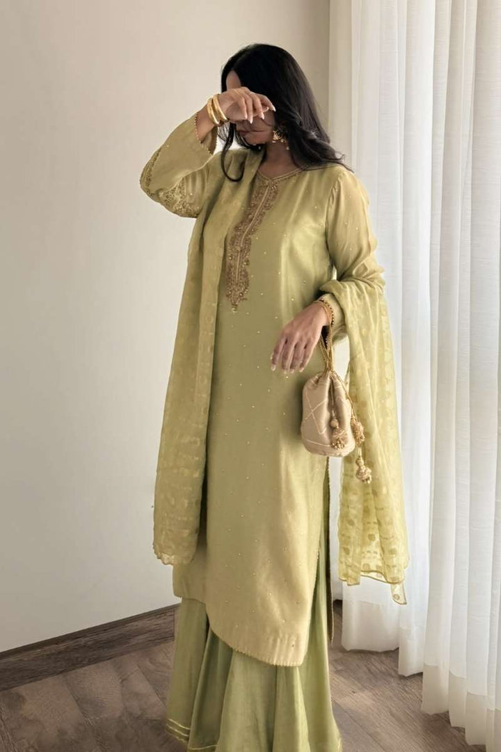 Minutiae - Amara - Shisha Silk/Cotton Silk/Banarsi Chiffon - Pistachio Green - 3 Piece
