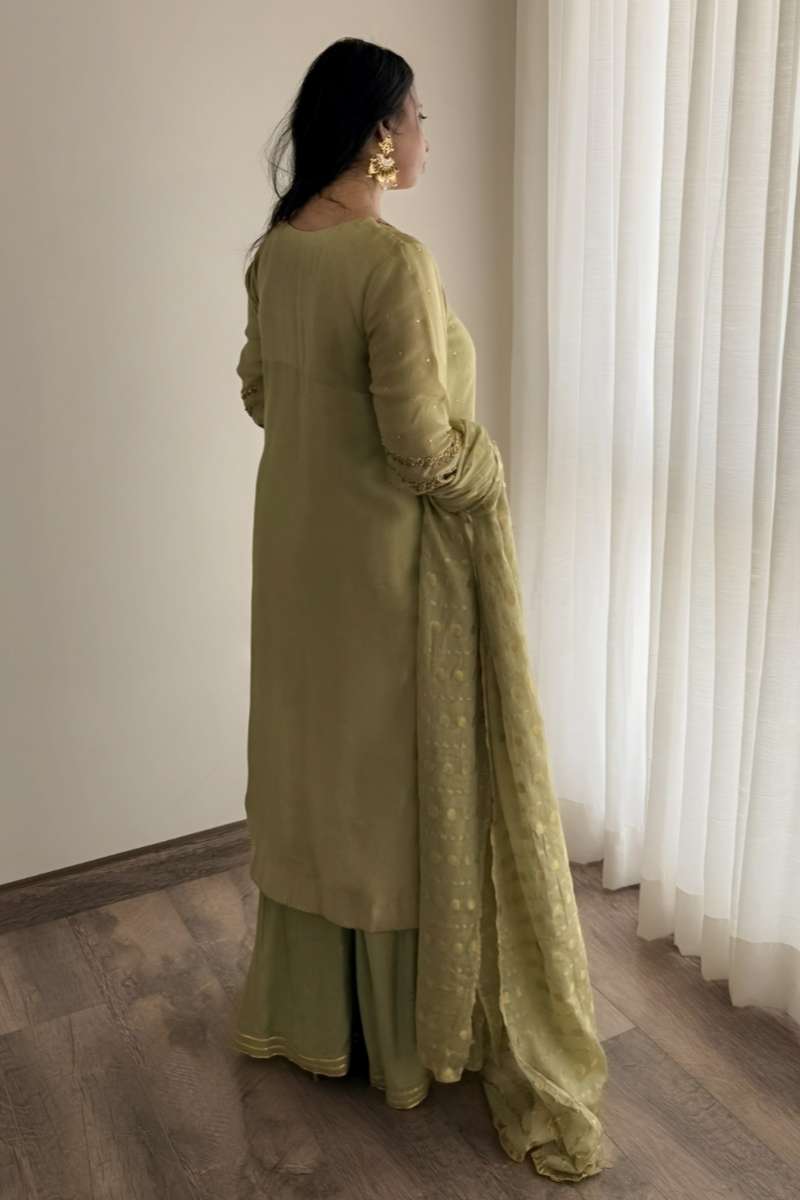 Minutiae - Amara - Shisha Silk/Cotton Silk/Banarsi Chiffon - Pistachio Green - 3 Piece