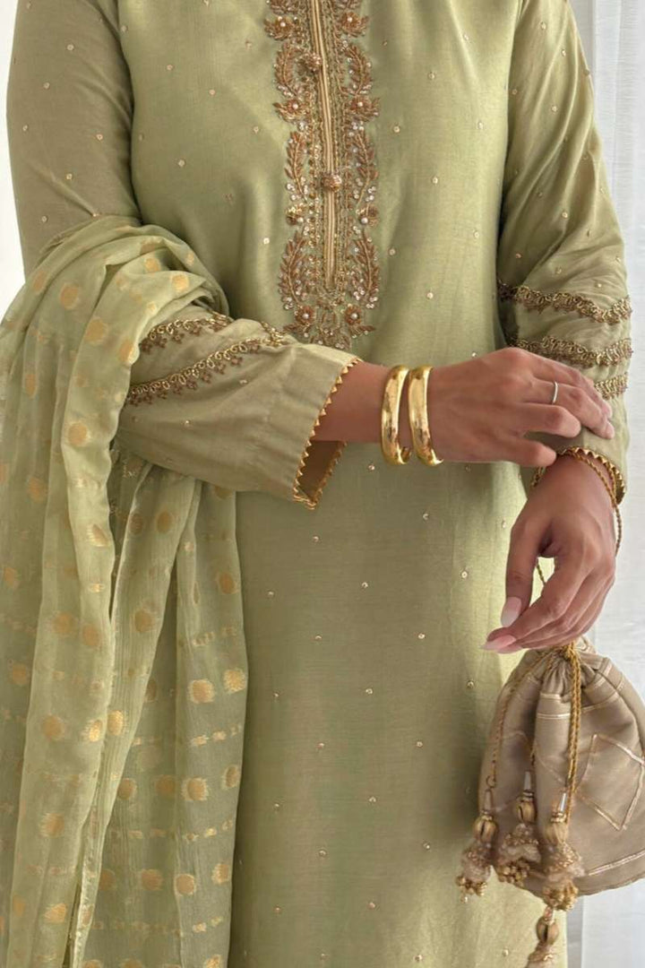 Minutiae - Amara - Shisha Silk/Cotton Silk/Banarsi Chiffon - Pistachio Green - 3 Piece