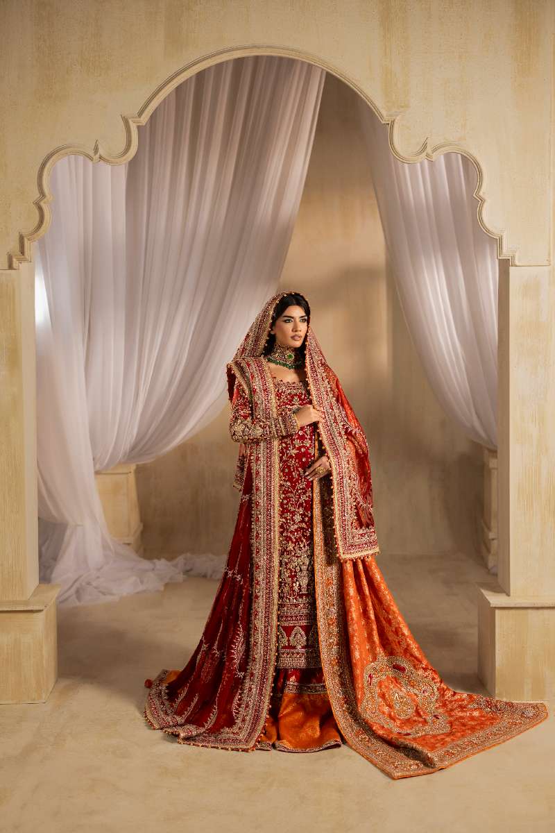 Anayra Amal - Dilkash Embroidered + Hand Worked Net+Jamawar Suit For Women - Red - 4 Piece