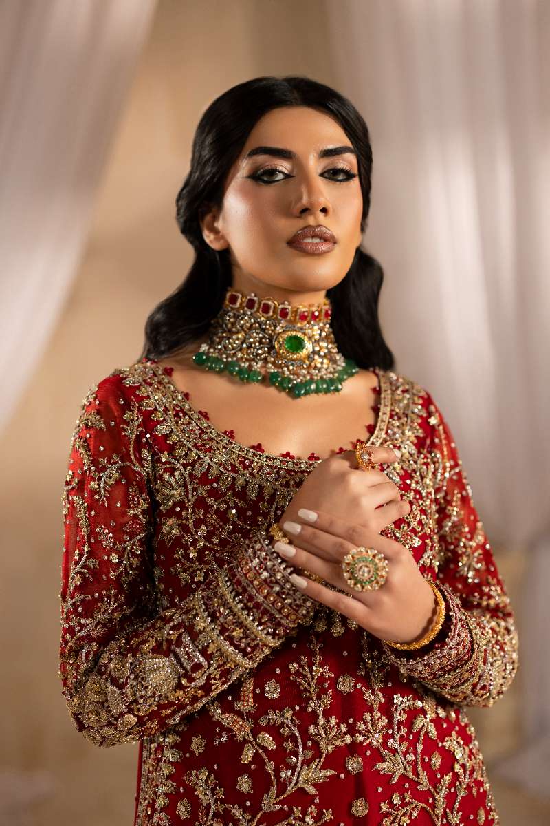Anayra Amal - Dilkash Embroidered + Hand Worked Net+Jamawar Suit For Women - Red - 4 Piece
