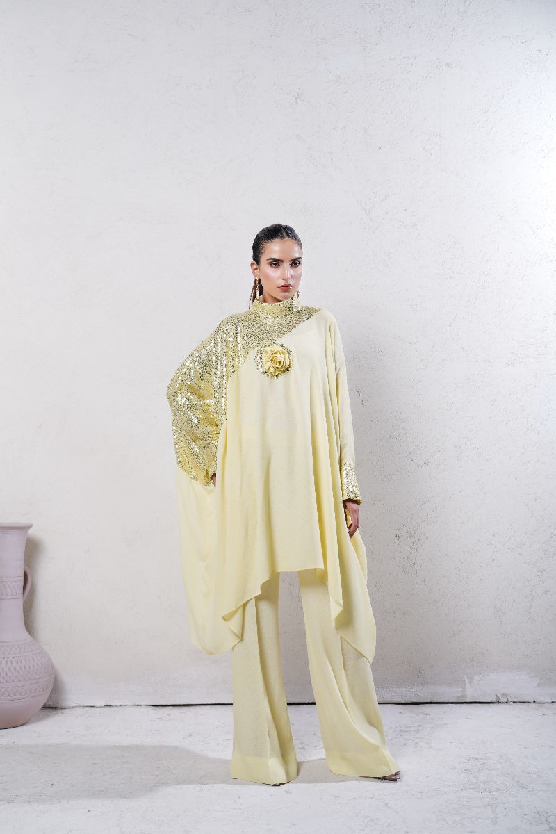 Anayra Amal - Grip Georgette Baroque Sequins Work Suit For Women - Butter Yellow - 2 Piece