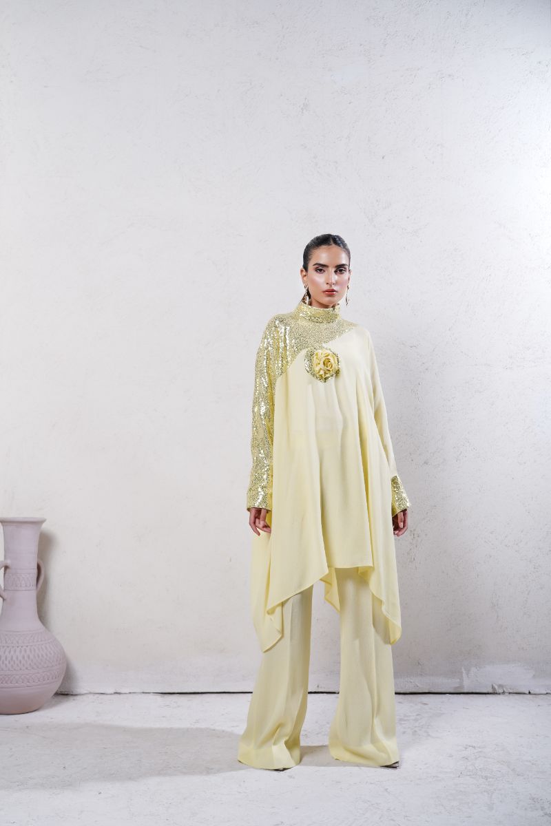Anayra Amal - Grip Georgette Baroque Sequins Work Suit For Women - Butter Yellow - 2 Piece