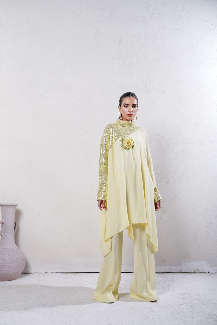 Anayra Amal - Grip Georgette Baroque Sequins Work Suit For Women - Butter Yellow - 2 Piece