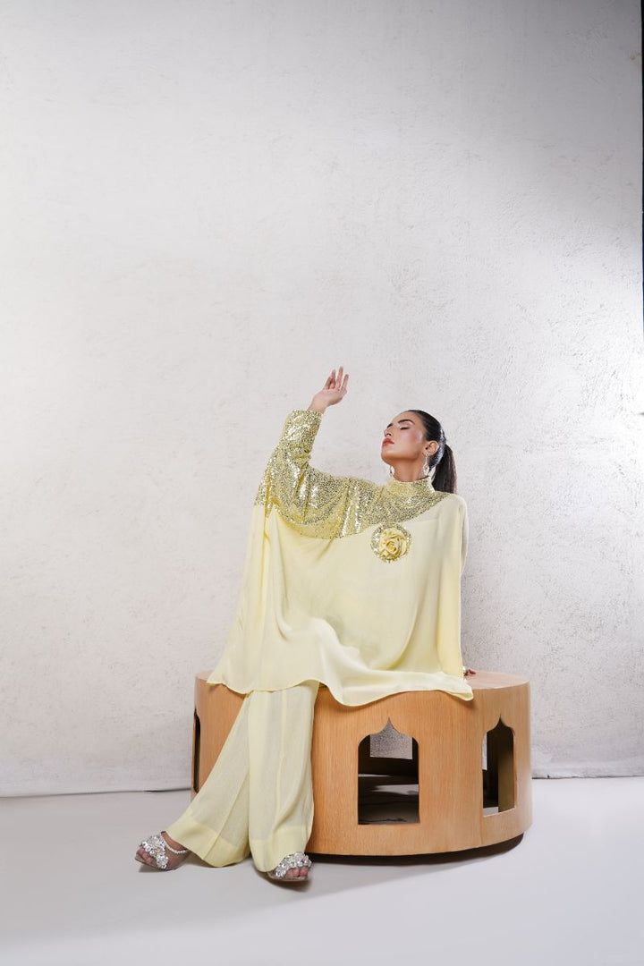 Anayra Amal - Grip Georgette Baroque Sequins Work Suit For Women - Butter Yellow - 2 Piece
