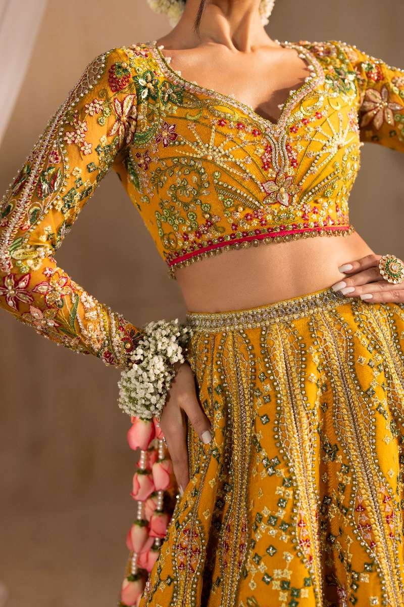 Anayra Amal - Henna Embroidered + Hand Embellishment Net Suit For Women - Mustard Yellow - 3 Piece