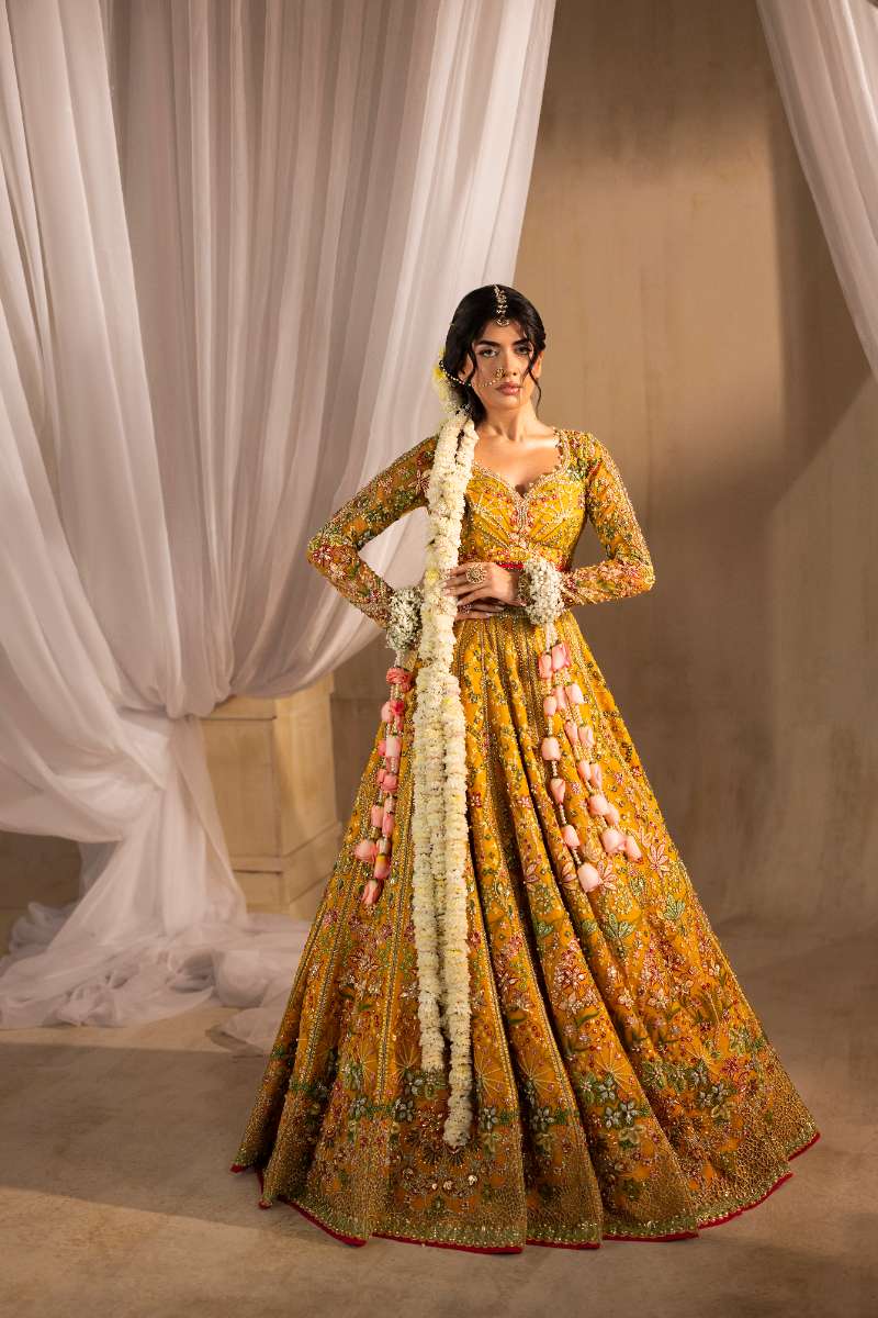 Anayra Amal - Henna Embroidered + Hand Embellishment Net Suit For Women - Mustard Yellow - 3 Piece