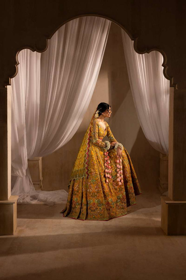 Anayra Amal - Henna Embroidered + Hand Embellishment Net Suit For Women - Mustard Yellow - 3 Piece